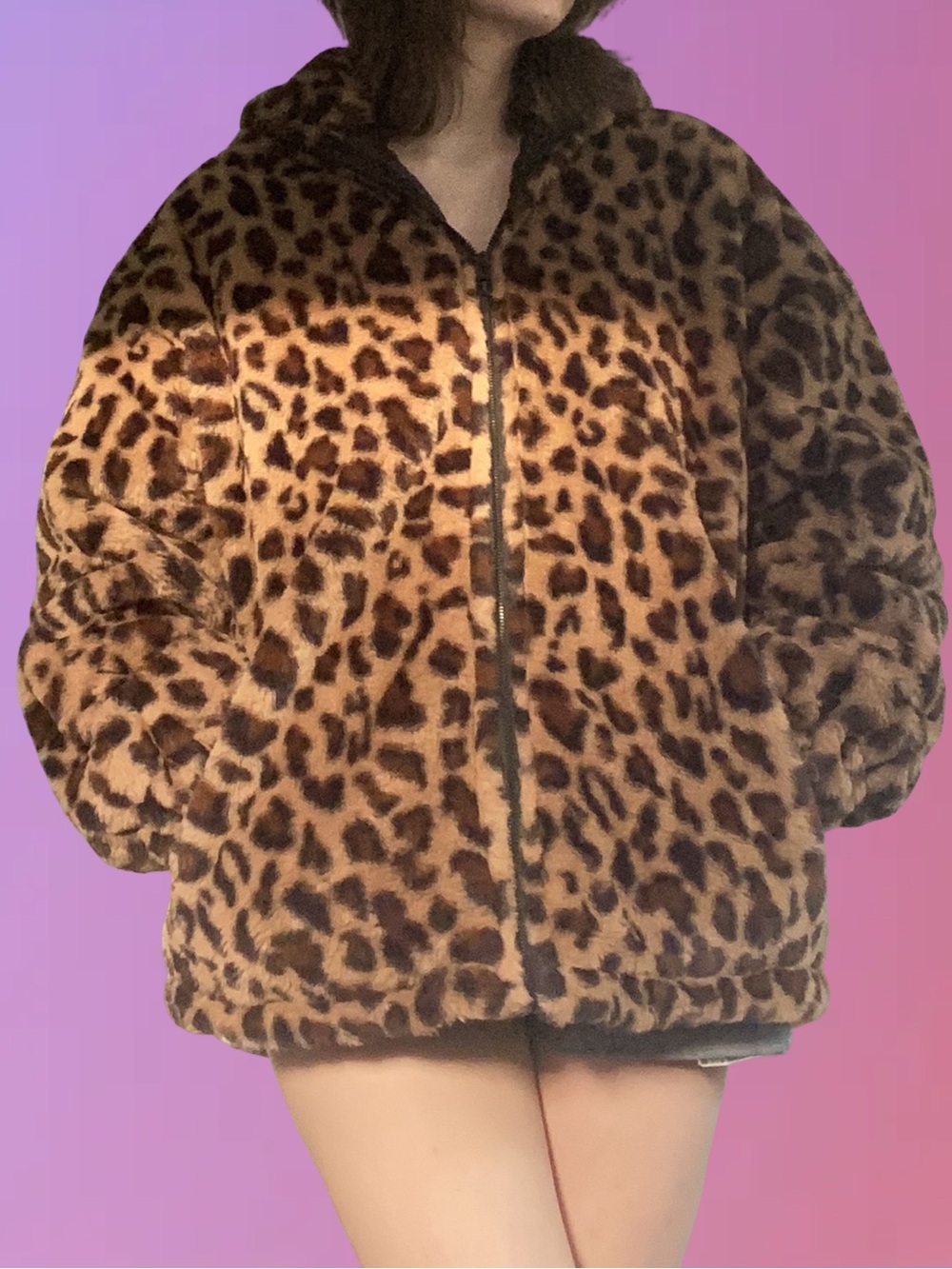 Shangzhe Leopard Print Faux Fur oversized zip-up jacket